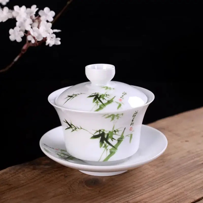 DecorBites™ Blue & White Porcelain Gaiwan Tea Set Puer Tea Cups Soup Bowl with Lid