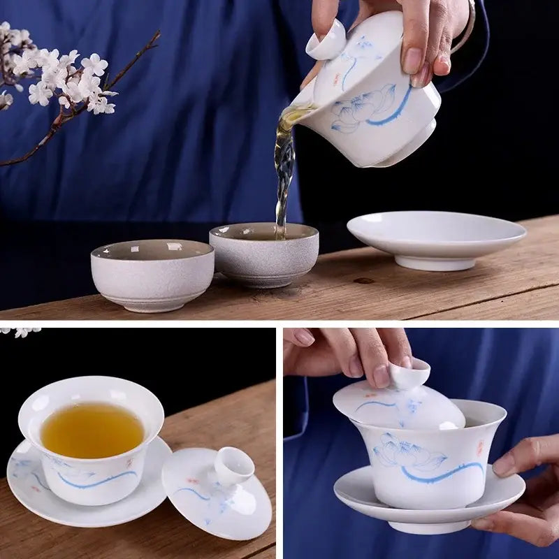DecorBites™ Blue & White Porcelain Gaiwan Tea Set Puer Tea Cups Soup Bowl with Lid