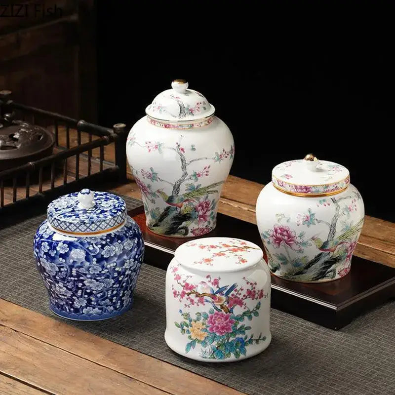 Hand-painted floral white porcelain tea canister kitchen storage jar