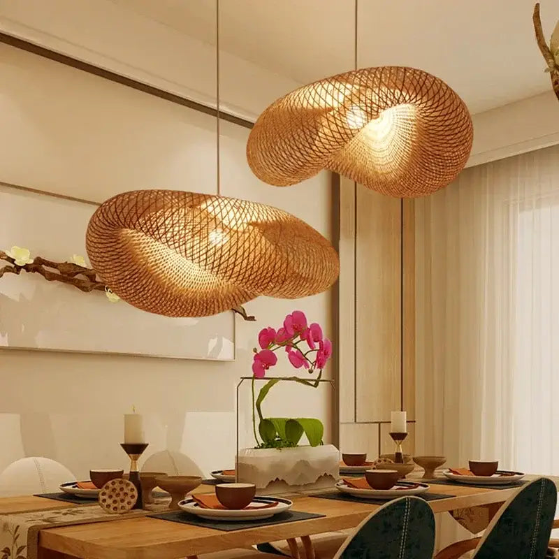 Handmade golden brown bamboo wave pendant lights for dining room