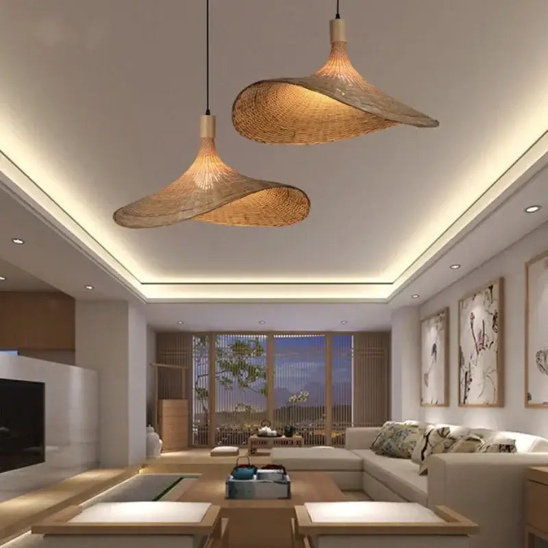DecorBites™ Bamboo Pendant Chandelier: Handcrafted LED Rattan Hanging Light for Indoor Living Room