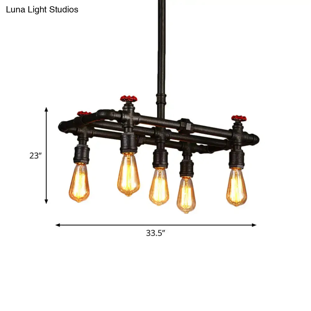 Industrial black pipe hanging ceiling light – dining room red accents