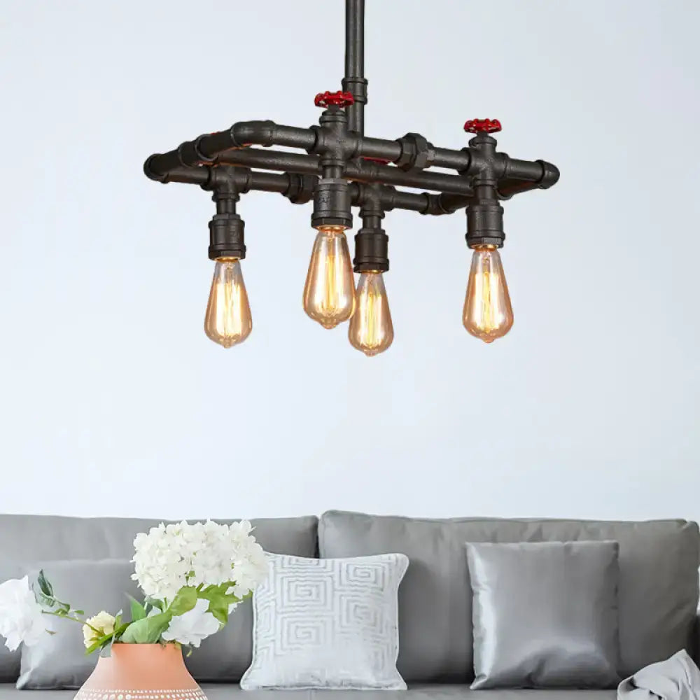 Industrial black pipe hanging ceiling light – dining room red accents