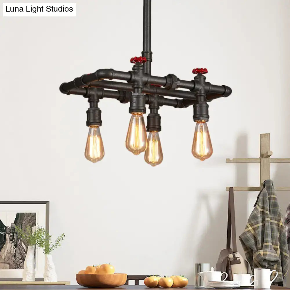 Industrial black pipe hanging ceiling light – dining room red accents