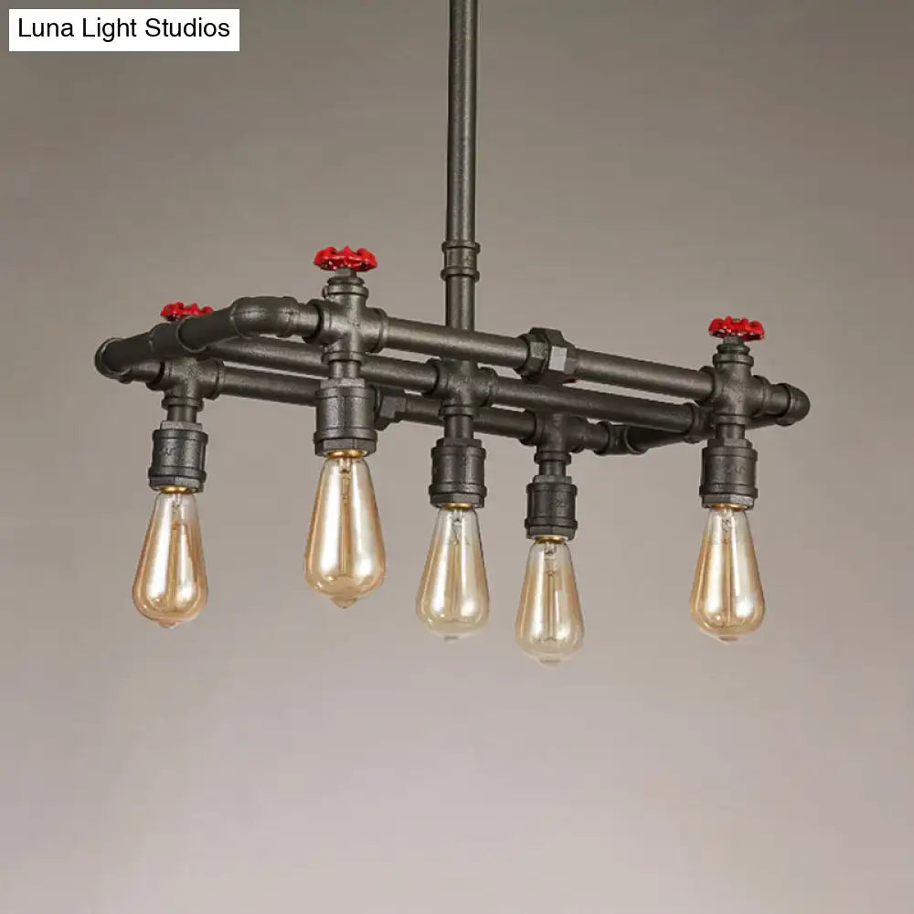 Industrial black pipe hanging ceiling light – dining room red accents