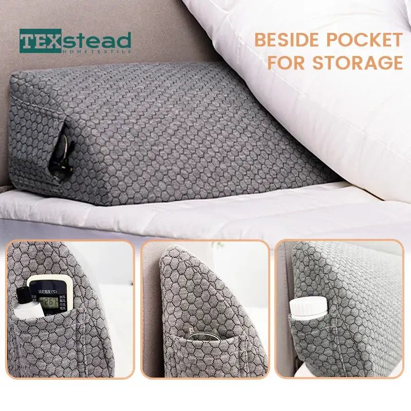 Hexagonal gray headboard pillow wedge bedroom storage pocket