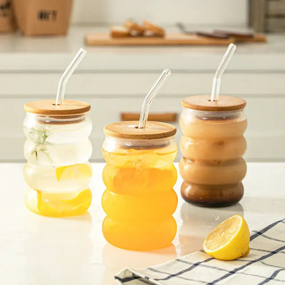 Honeycomb creative glass cup set with bamboo lid – kitchen tumblers