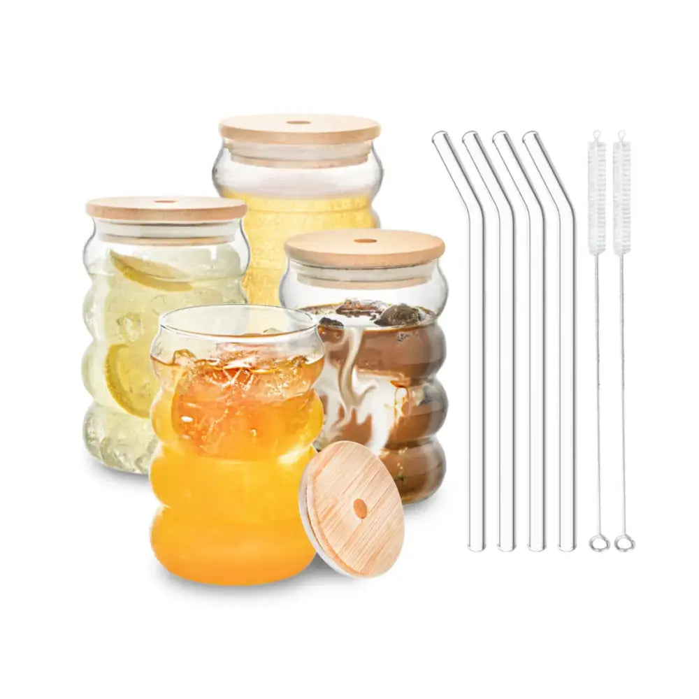 Honeycomb creative glass cup set with bamboo lid – kitchen tumblers