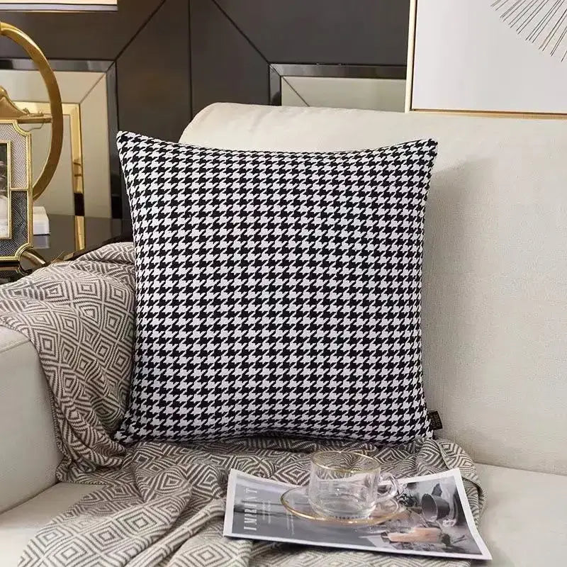 Houndstooth plaid pillow cover – black & white living room decor