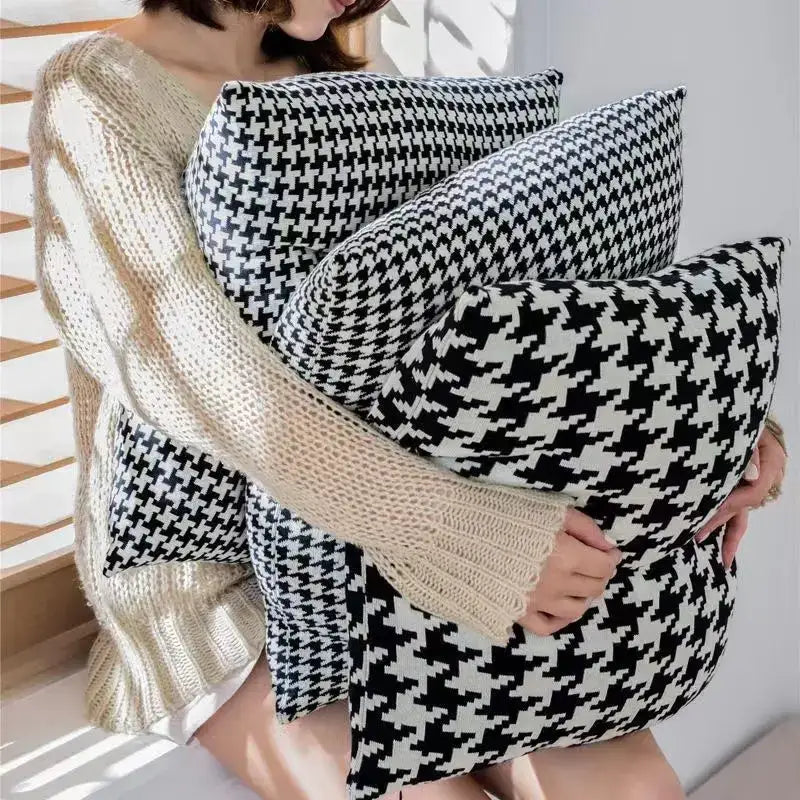 Houndstooth plaid pillow cover – black & white living room decor