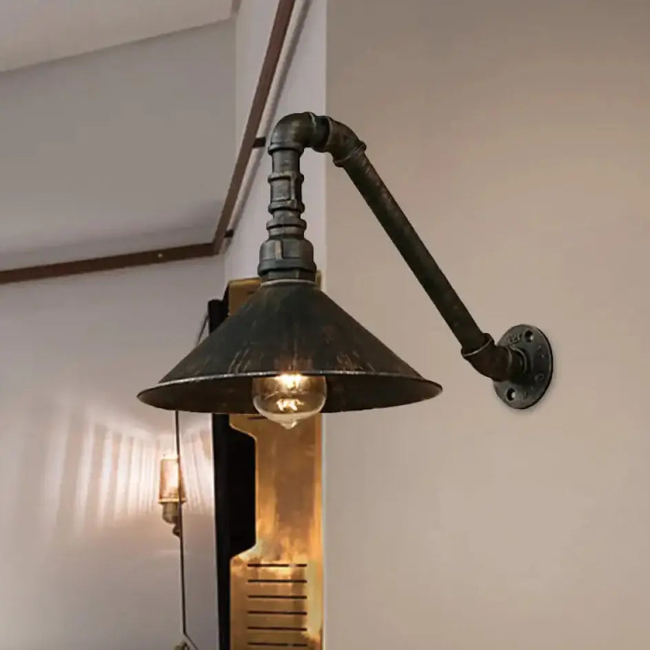 DecorBites™ Farmhouse Style Antique Brass Wall Sconce with Metallic Cone & Pipe - 1 Head Dining Room Lighting