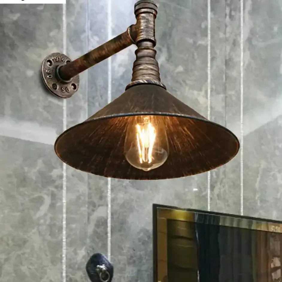 DecorBites™ Farmhouse Style Antique Brass Wall Sconce with Metallic Cone & Pipe - 1 Head Dining Room Lighting