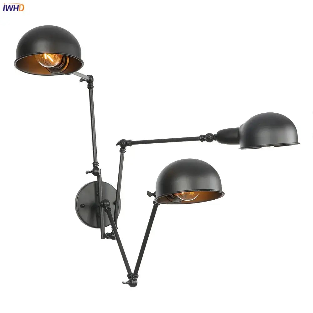 Industrial black 3 head adjustable wall sconce bedroom light