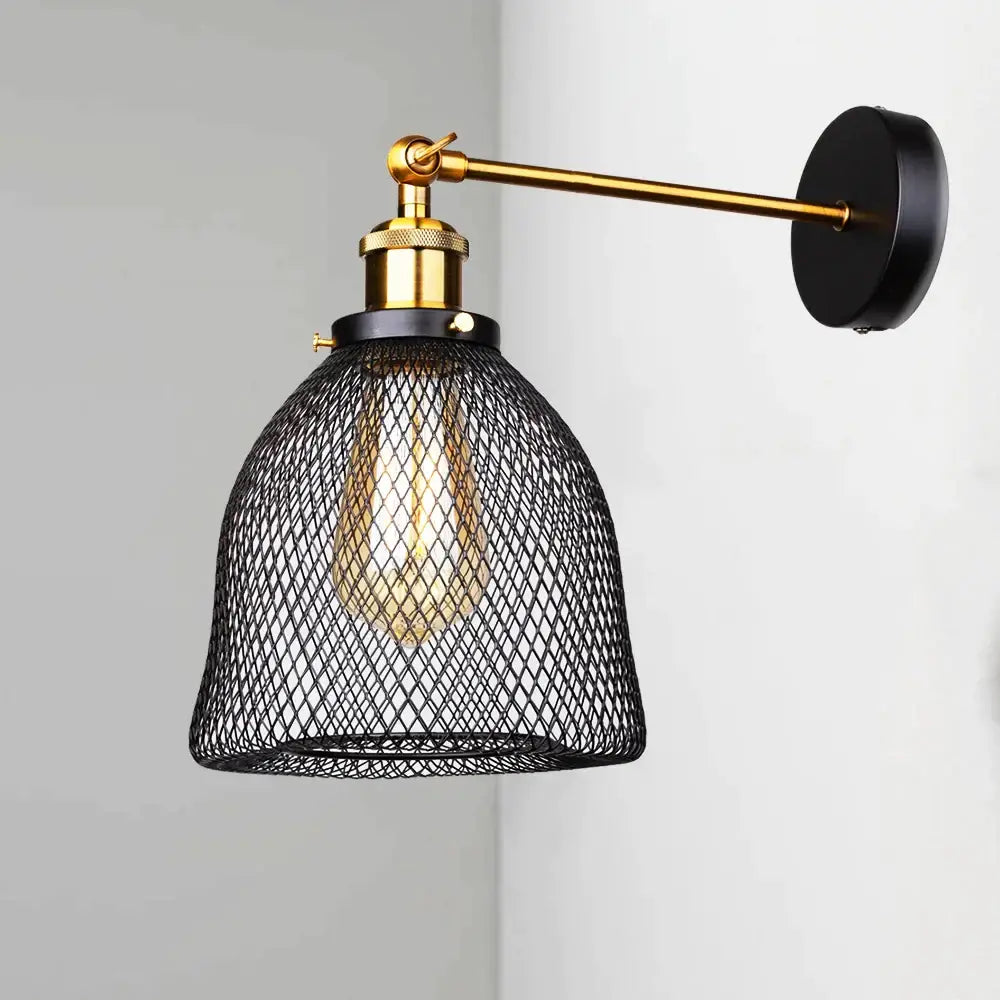 Industrial black and brass led cage wall sconce living room light