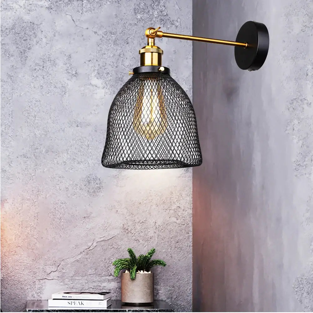 Industrial black and brass led cage wall sconce living room light