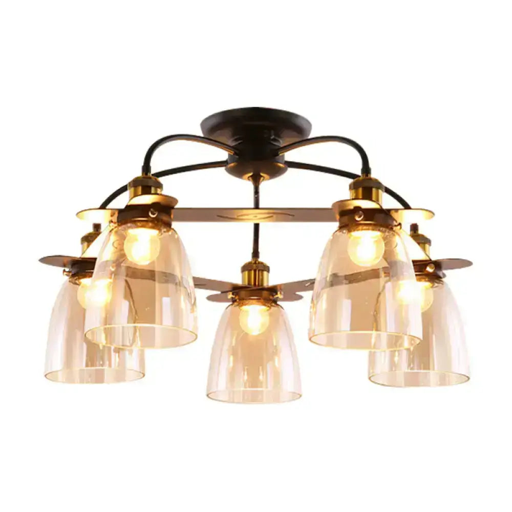 DecorBites™ Industrial Cognac Glass Bell Semi Flush Ceiling Lamp (3/5/6 Heads) in Aged Brass - Perfect for Living Room