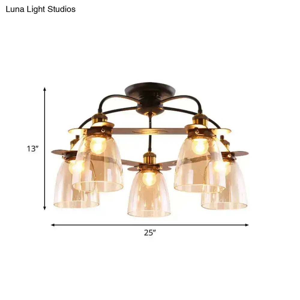 DecorBites™ Industrial Cognac Glass Bell Semi Flush Ceiling Lamp (3/5/6 Heads) in Aged Brass - Perfect for Living Room