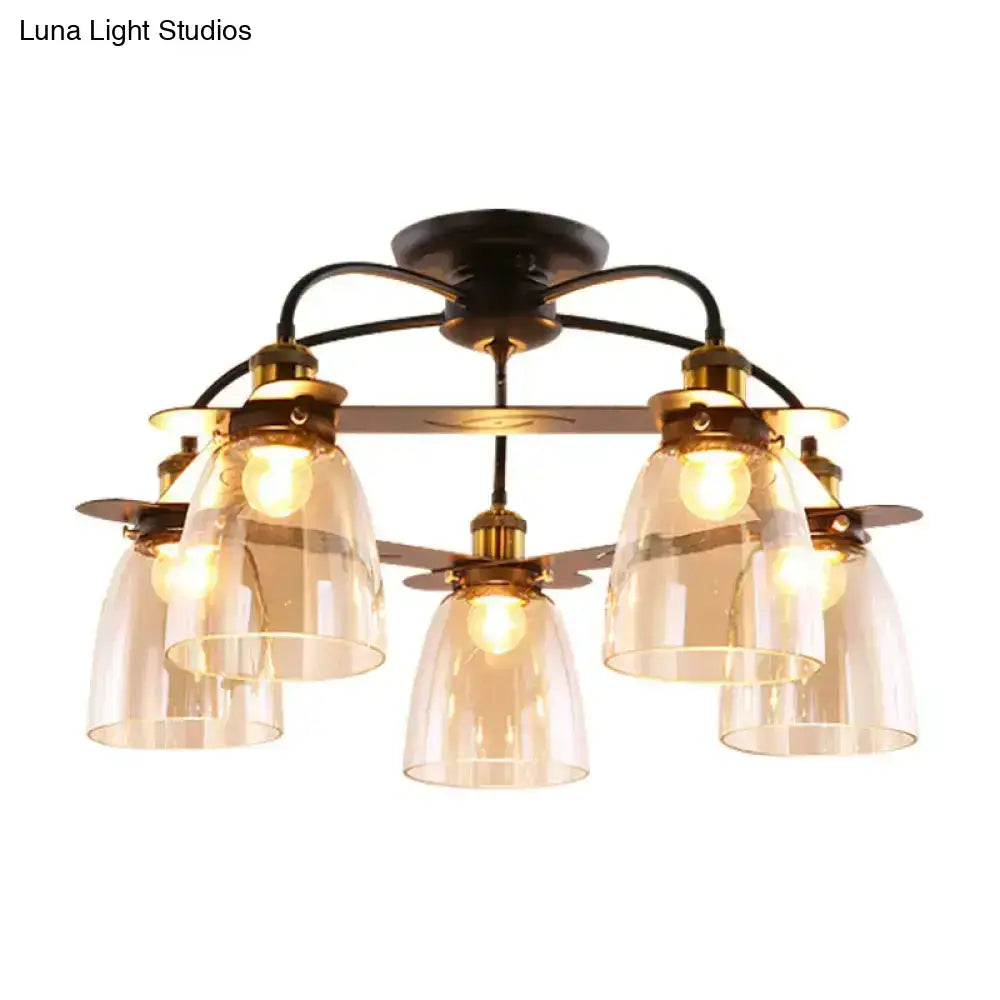 DecorBites™ Industrial Cognac Glass Bell Semi Flush Ceiling Lamp (3/5/6 Heads) in Aged Brass - Perfect for Living Room
