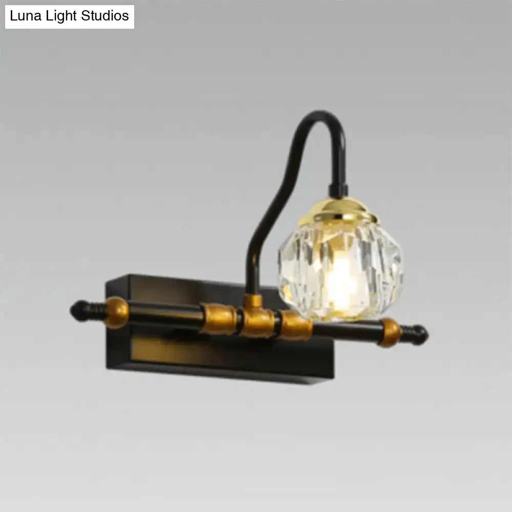 Industrial black & brass hexagon vanity wall lamp with crystal prisms