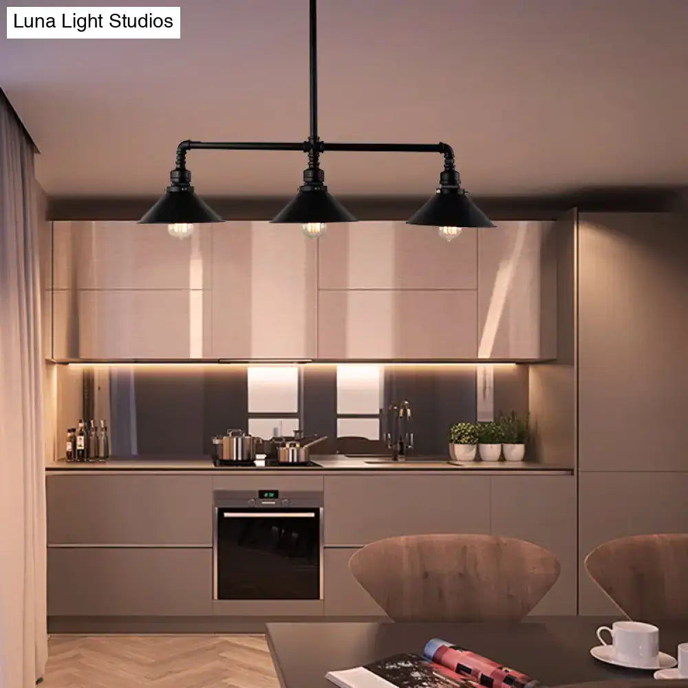 Industrial black conical island dining room 3 bulb pendant light