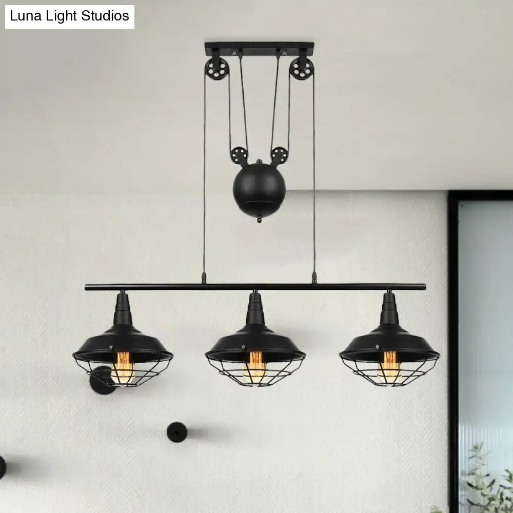 DecorBites™ Farmhouse Barn Island Pendant - 3-Light Metallic Pendant Lighting with Cage Shade and Pulley in Black