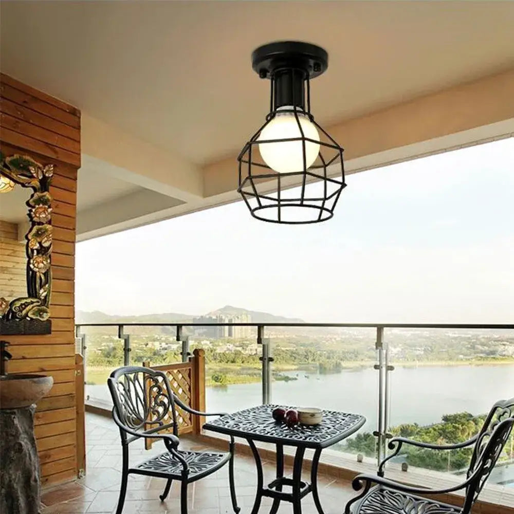 Industrial black geometric cage flush mount ceiling light bedroom