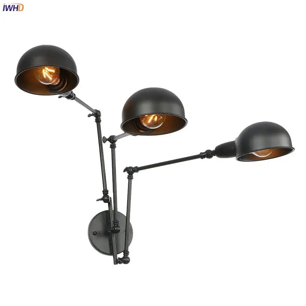 DecorBites™ Loft Antique Edison Wall Sconce Swing Arm Wall Light - 3 Heads Black