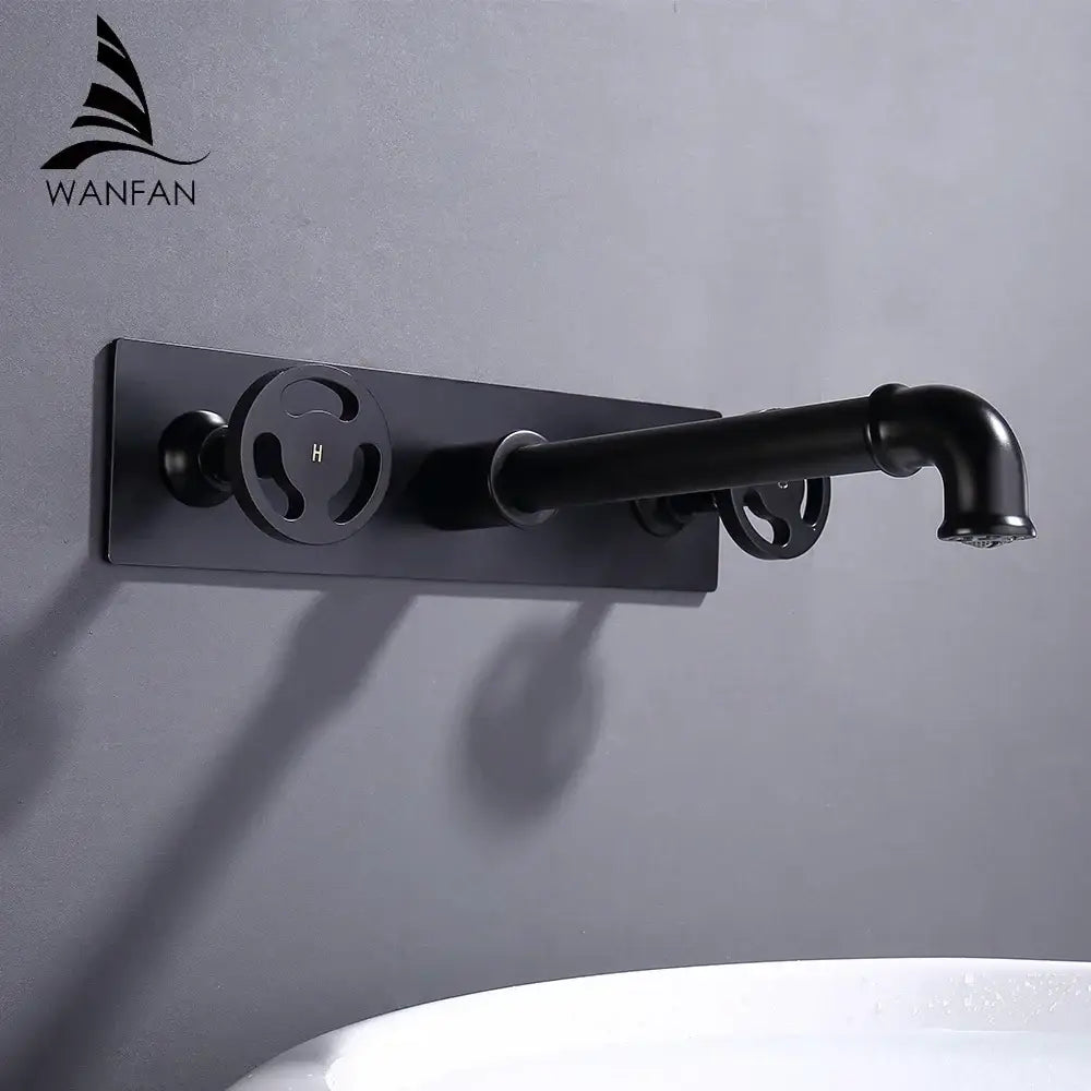 Industrial black matte wall mounted basin faucet bathroom mixer tap