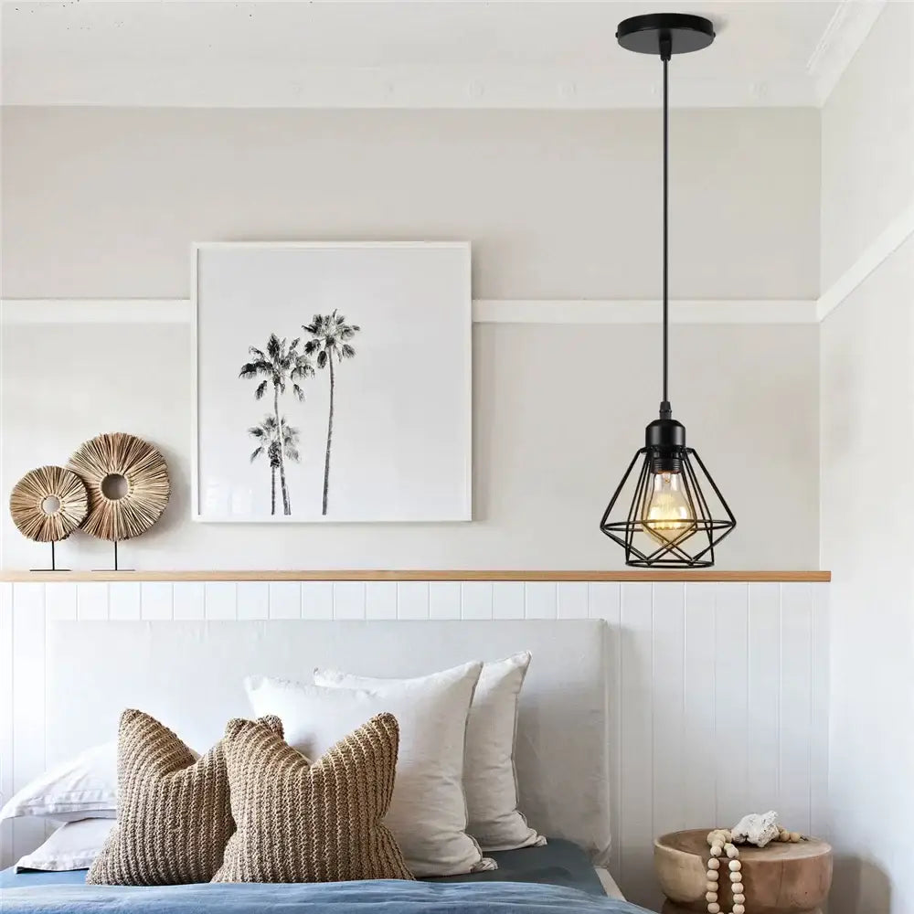 Industrial black metal cage mini pendant light dining room