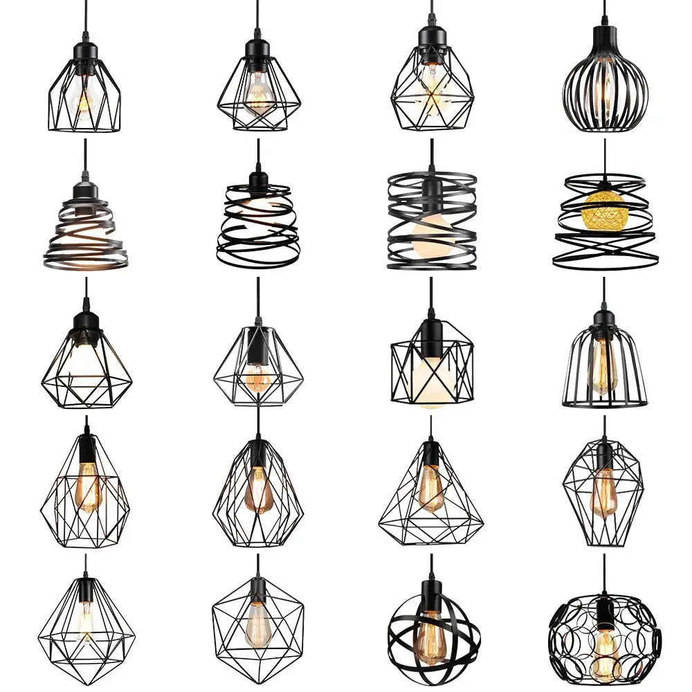 Industrial black metal cage mini pendant light dining room