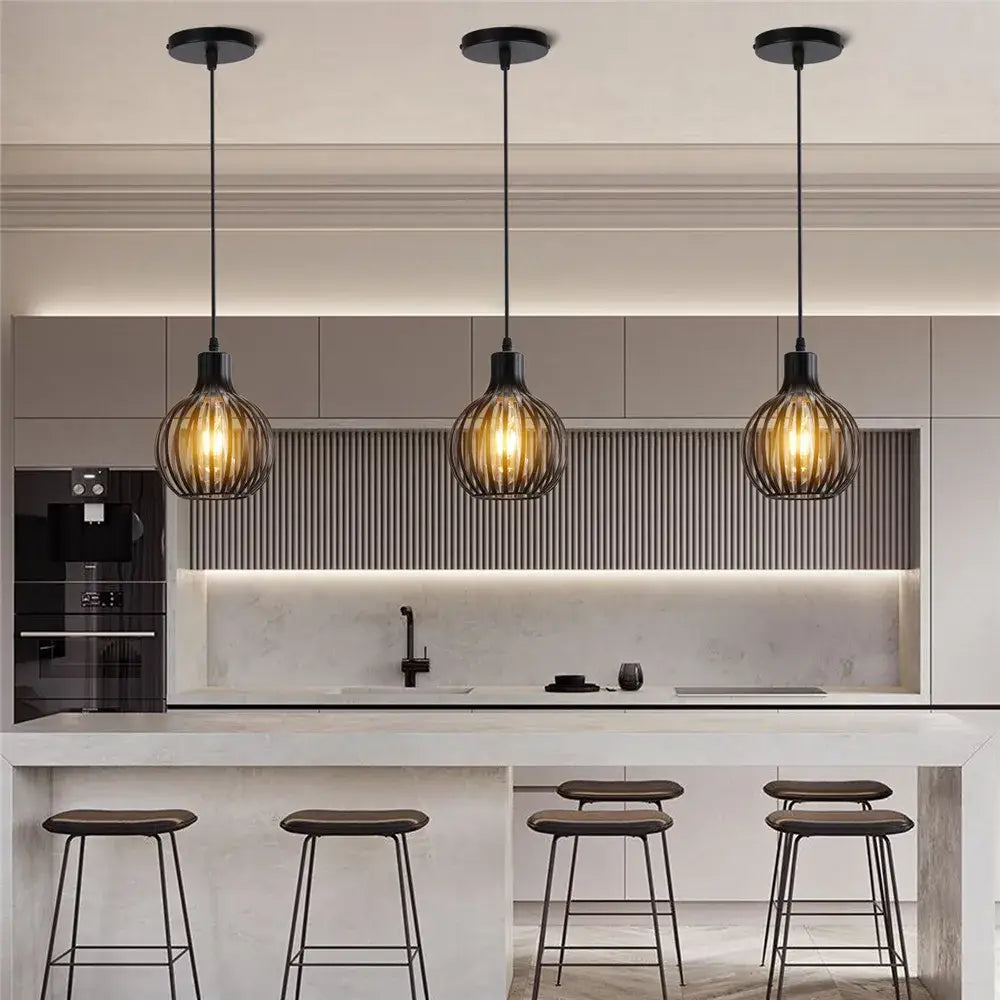 Industrial black metal cage mini pendant light dining room