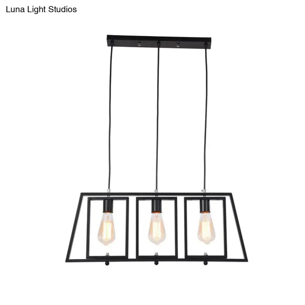 DecorBites™ Industrial Metal Hanging Pendant Light Fixture - Trapezoid Frame - 3-Light - Black - Rectangle Shade - for Kitchen Island