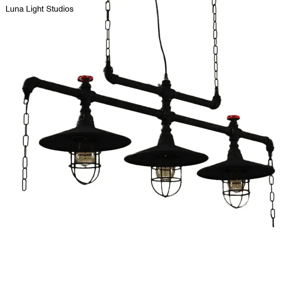 Industrial black pipe chandelier with red valve caps dining room light