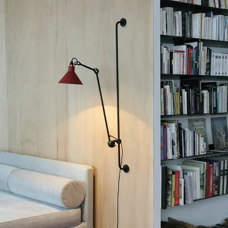 Industrial black & red swing arm wall lamp for bedroom
