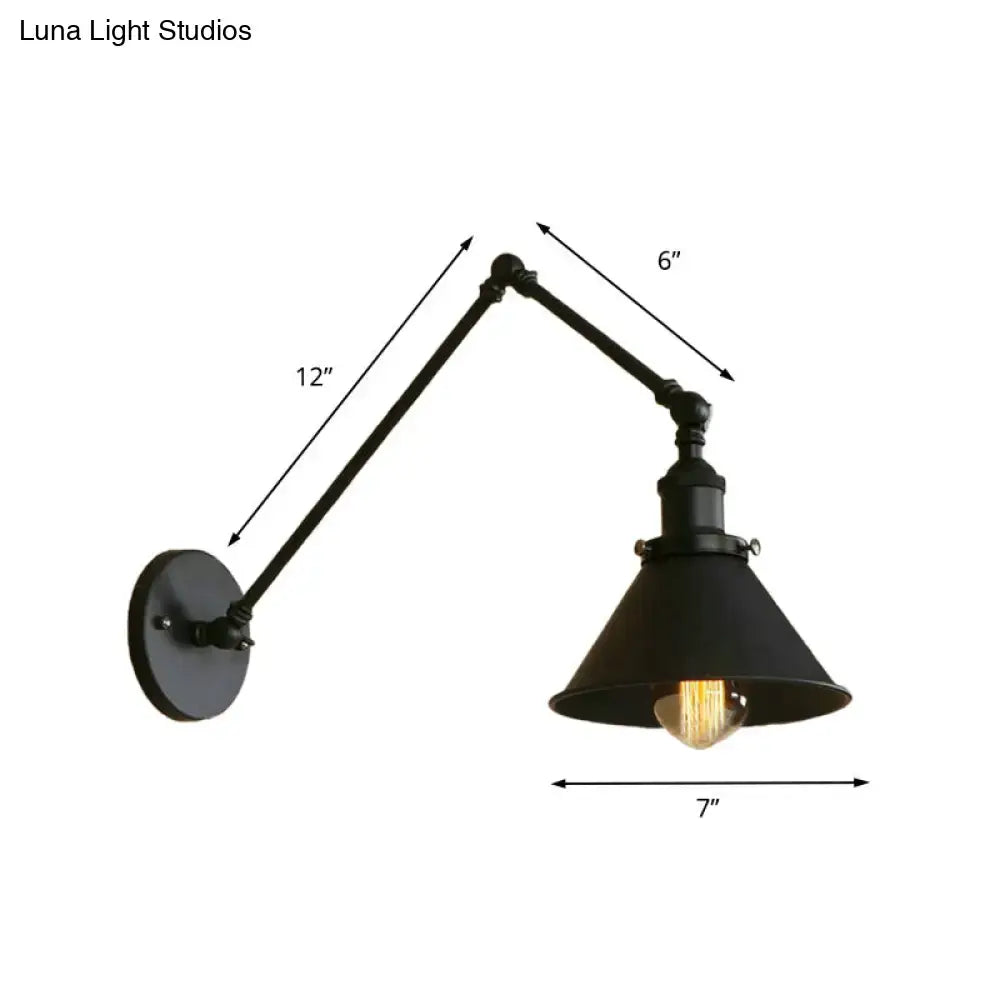 Industrial black swing arm wall lamp bedroom conic shade sconce