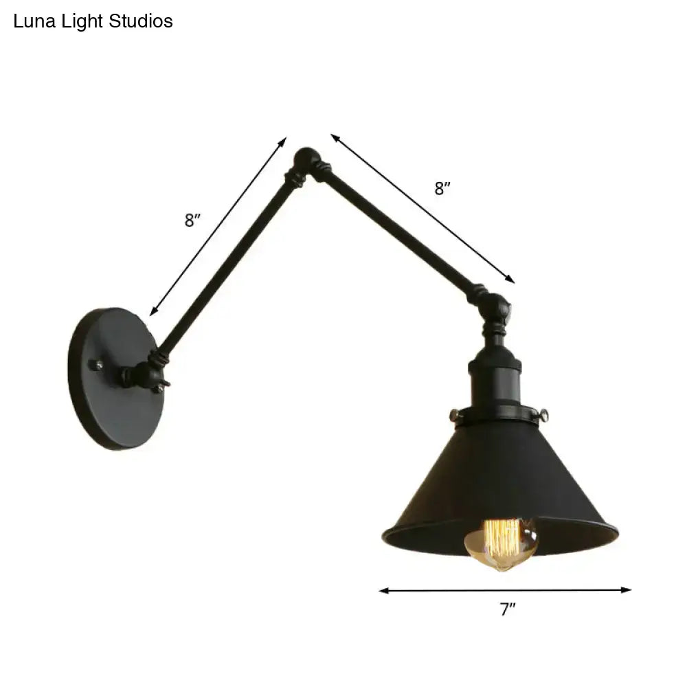 Industrial black swing arm wall lamp bedroom conic shade sconce