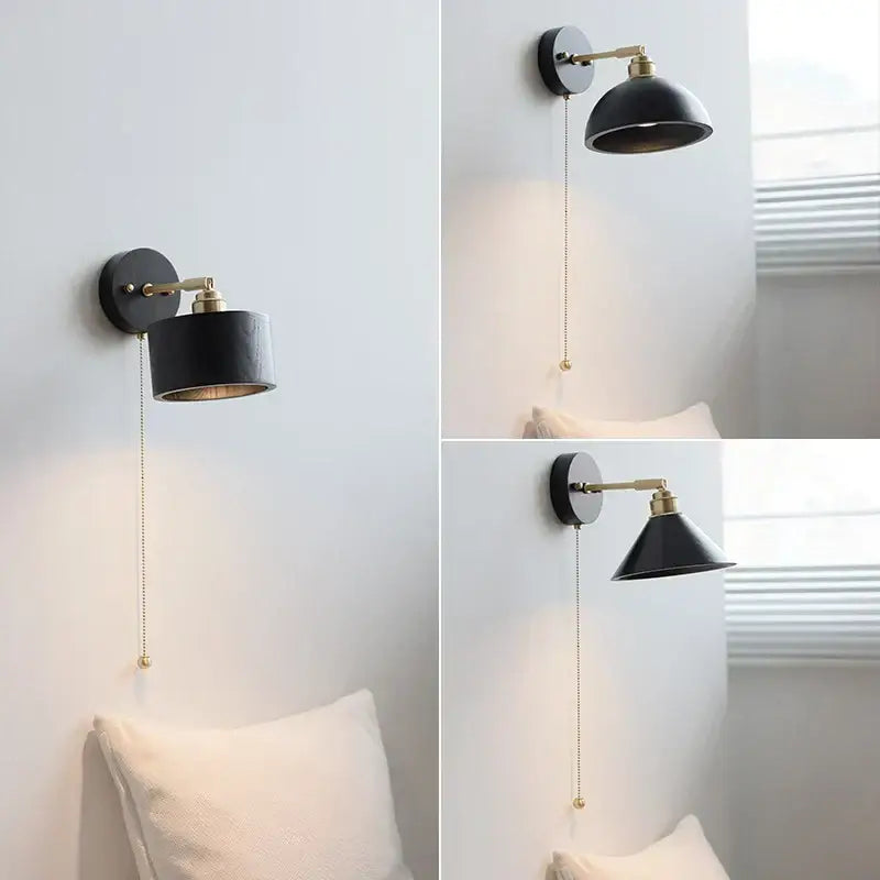 Industrial black wood led wall sconce with brass pull chain bedroom light