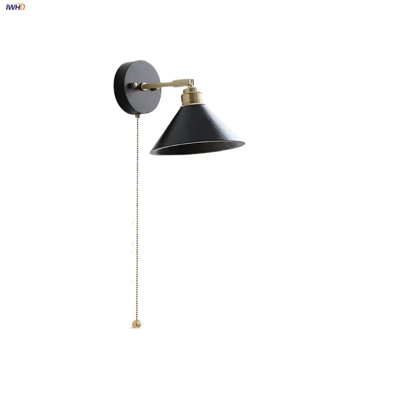 Industrial black wood led wall sconce with brass pull chain bedroom light
