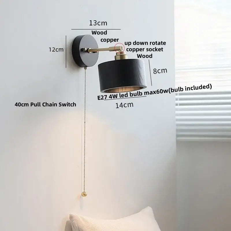 Industrial black wood led wall sconce with brass pull chain bedroom light