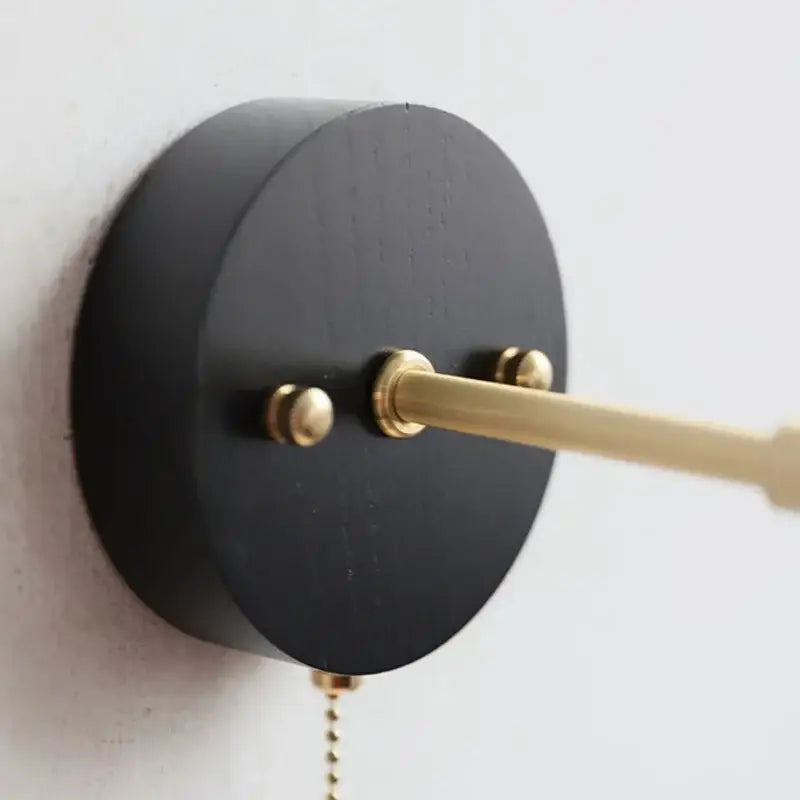 Industrial black wood led wall sconce with brass pull chain bedroom light