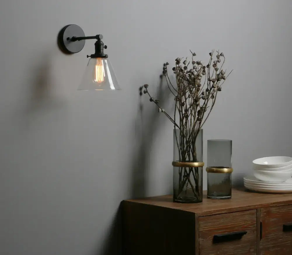 Industrial black wrought iron wall sconce – kitchen glass lamp