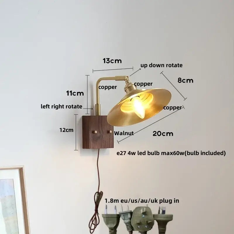Industrial brass and walnut led wall light bedroom sconce