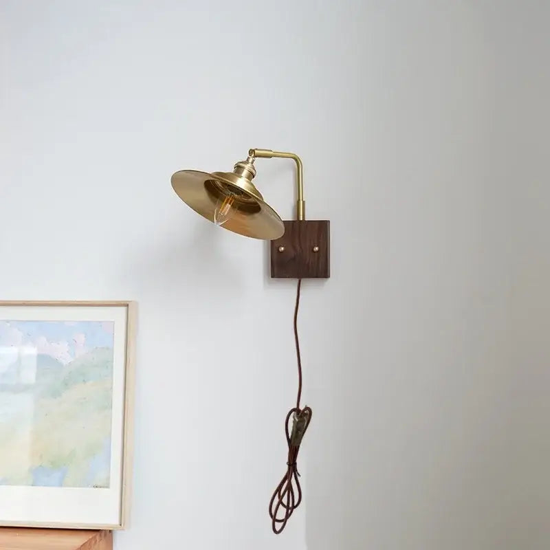 Industrial brass and walnut led wall light bedroom sconce