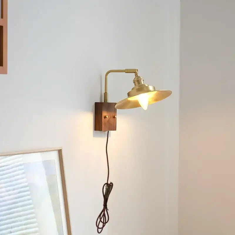 Industrial brass and walnut led wall light bedroom sconce