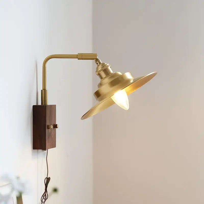 Industrial brass and walnut led wall light bedroom sconce