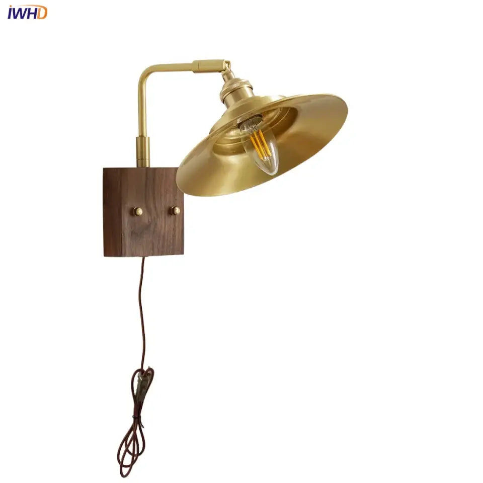 Industrial brass and walnut led wall light bedroom sconce