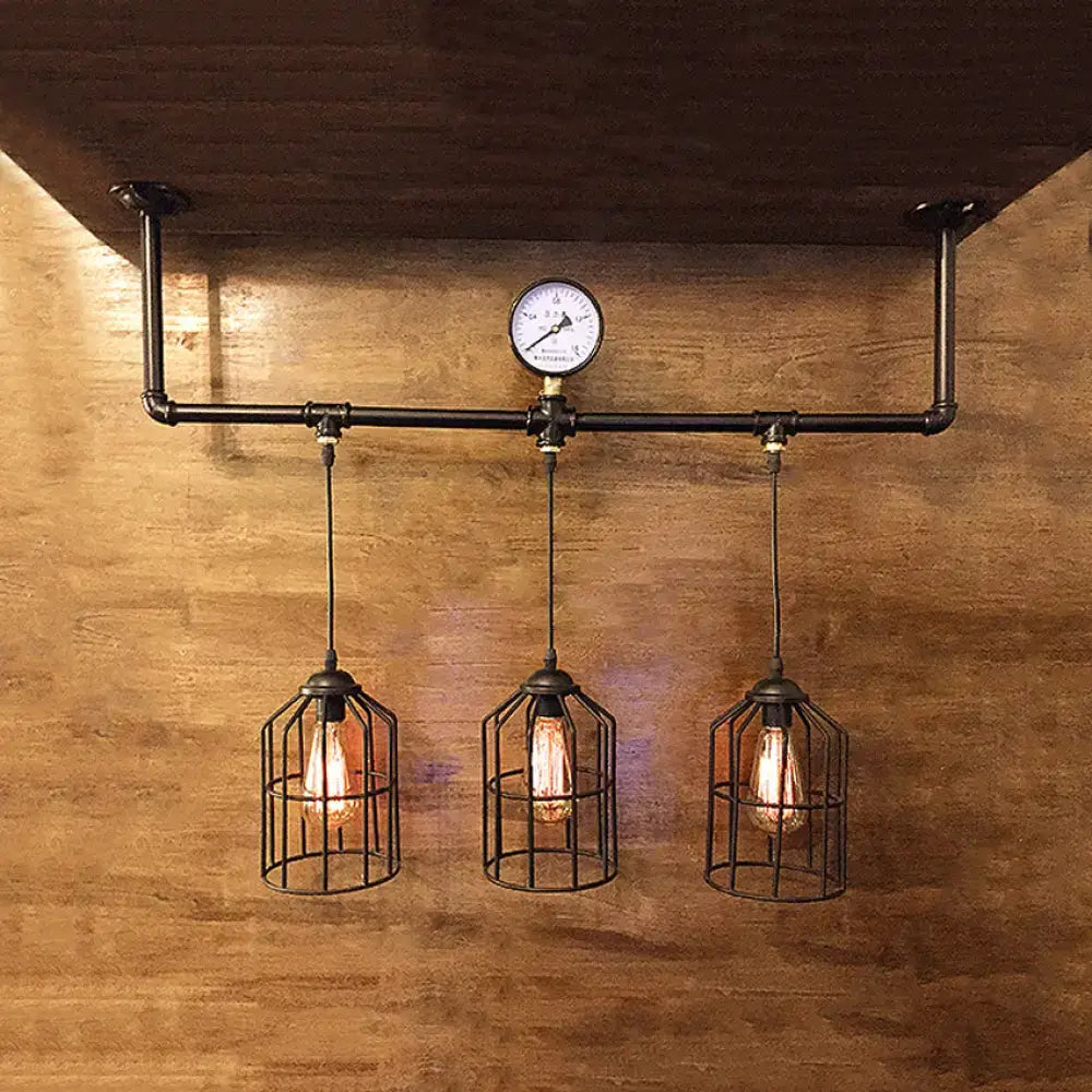 Industrial bronze linear hanging light with pressure gauge kitchen island