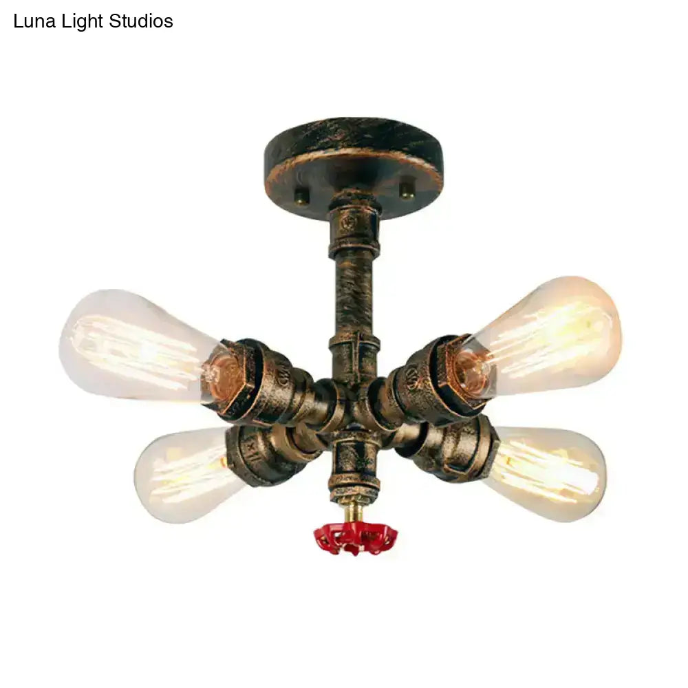 Industrial bronze semi flush foyer light with decorative valve bulb base
