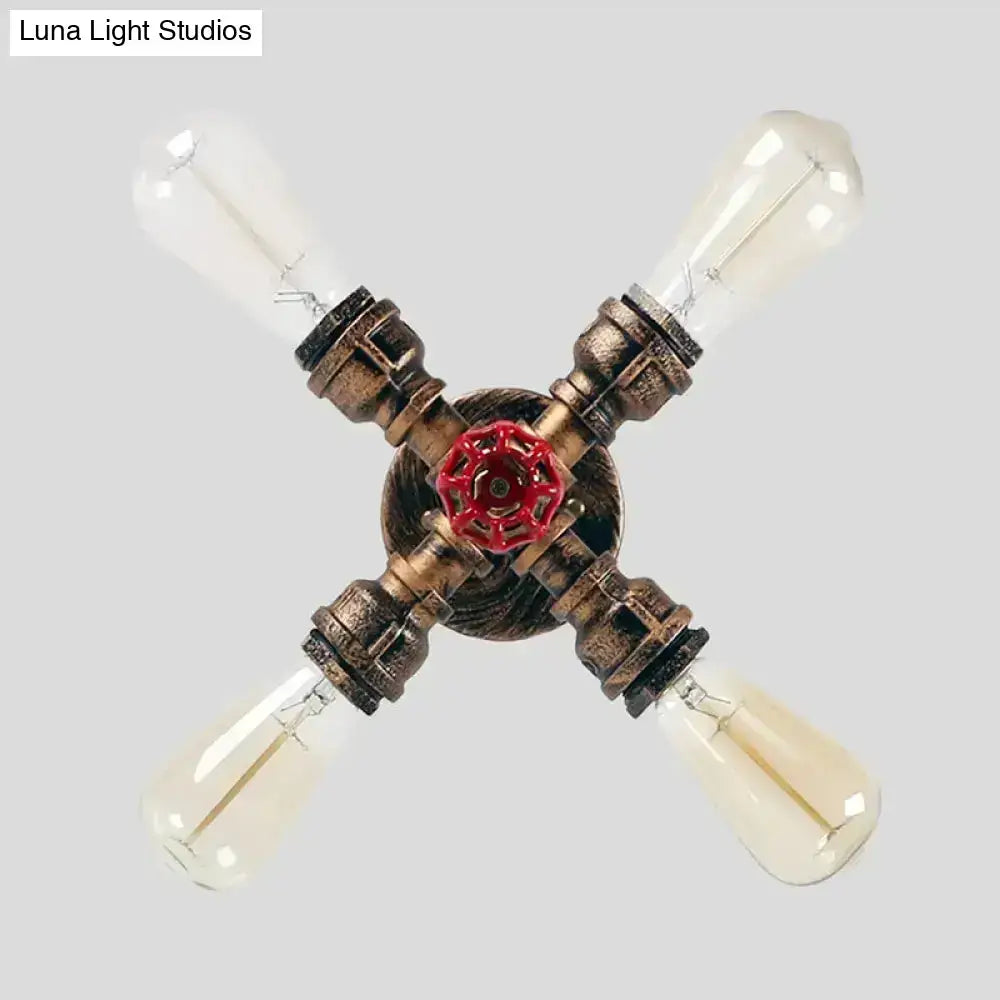 Industrial bronze semi flush foyer light with decorative valve bulb base