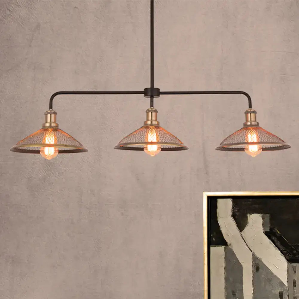 Industrial cage flared black and brass pendant light dining room